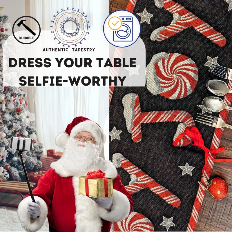 DaDa Bedding Starry Peppermint Joy Tapestry Table Runner - Festive Black Red Christmas Holiday Candy Cane Sweets - Cotton Linen Woven Kitchen Dining Mats - 13" x 90" (12904) - Image 3